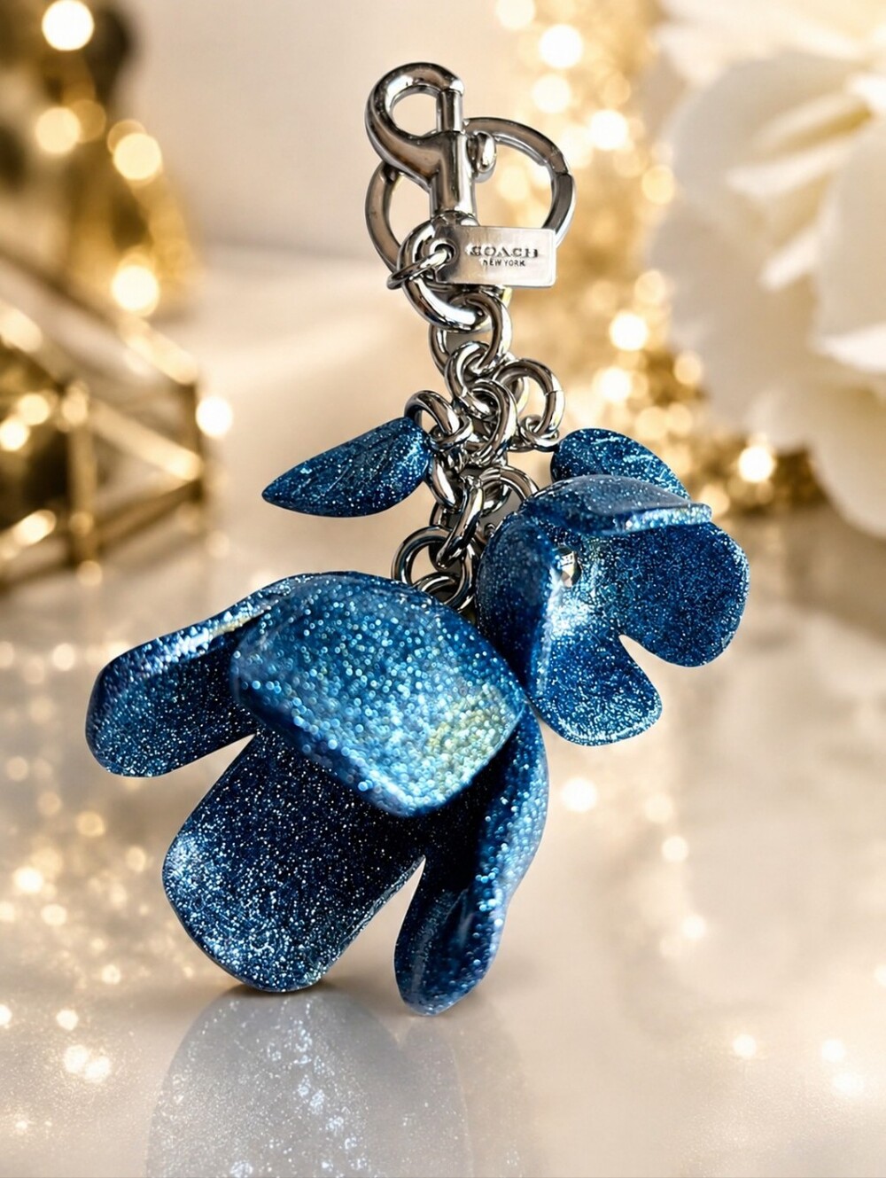 Coach Blue Glitter Tea Rose Floral Bag Charm Keychain Silver Hardware